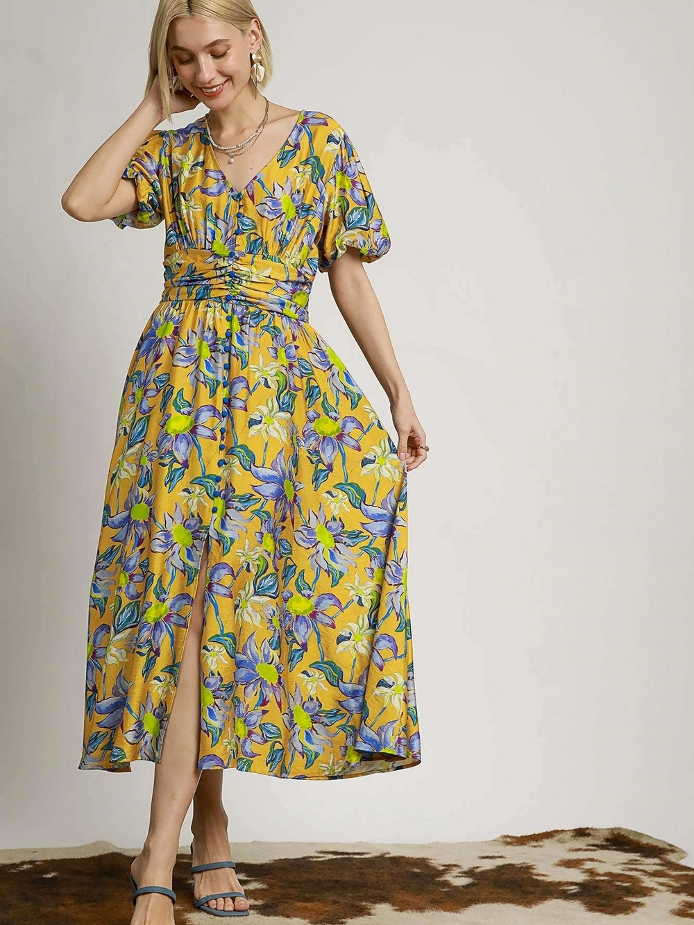 Umgee Yellow Floral Maxi Dress with V-Neck